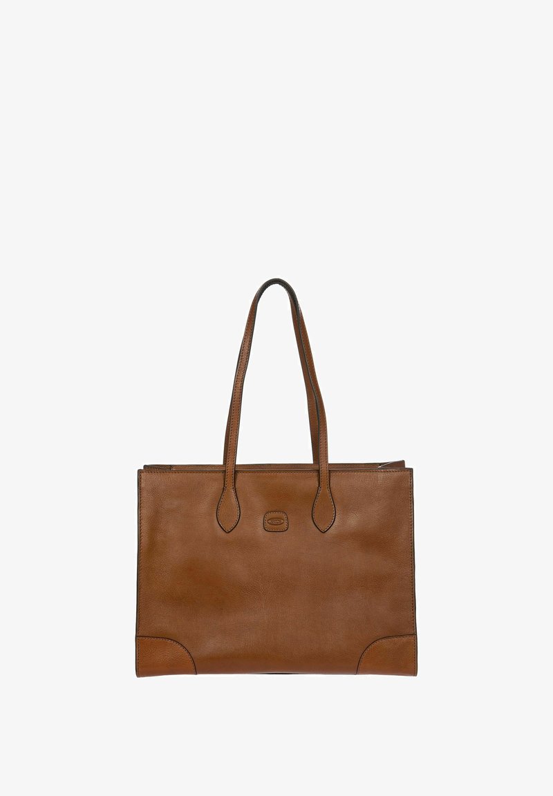 Braune Leder-Tote mit zwei langen Griffen, rechteckiger Form, glatter Textur und abgerundeten Ecken. Hat ein kleines Logo auf der Vorderseite.