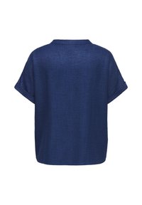 Blouse bleu foncé à manches courtes, coupe ample, légère texture et petit col, vue de dos sur fond blanc.