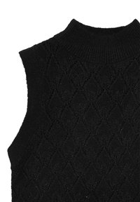 Schwarzes gestricktes ärmelloses Oberteil mit einem strukturierten Rautenmuster und einem hohen, gerippten Halsausschnitt. Weiches, grobes Material mit einem dezenten Glanz.
