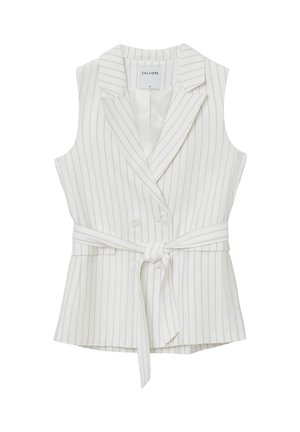 White sleeveless vest with pinstripes, double-breasted buttons, a lapel collar, and a tied belt at the waist. Smooth fabric texture.