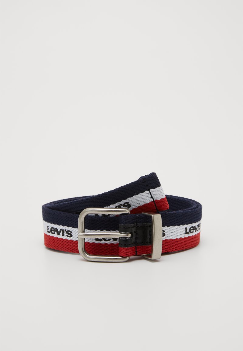Leinen-Gürtel in Rot, Weiß und Marineblau gestreift mit "Levi's"-Logo. Verfügt über eine Schnalle aus silbernem Metall und eine gewebte Textur.