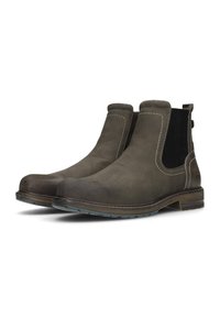 Botines de ante gris con paneles laterales elásticos, un diseño cosido y suelas de goma texturizadas para un mejor agarre. Tira de sujeción distintiva en la parte posterior.