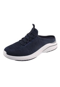 Marinefarbene Mesh-Schlupfschuhe mit weißer Sohle, strukturiertem Obermaterial und elastischen Schnürsenkeln für eine gute Passform. Verfügt über einen flachen Absatz und ein glattes, geschwungenes Design.