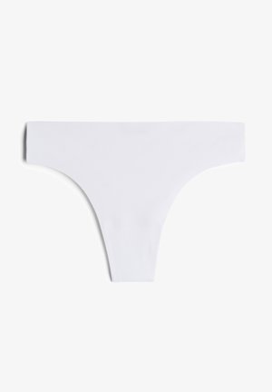 Weißer Thong-Bikini-Boden mit nahtlosem Design, glatter Textur und minimaler Abdeckung. Hergestellt aus dehnbarem, leichtem Material.