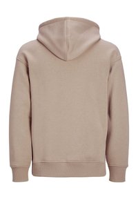 Sudadera con capucha en tejido de forro polar color beige claro. Cuenta con puños y dobladillo acanalados, y un bolsillo tipo canguro en la parte frontal. Textura suave.