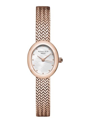 Rose gold oval wristwatch with woven metal band, white mother-of-pearl dial, minimal dot hour markers, and three rose gold hands.