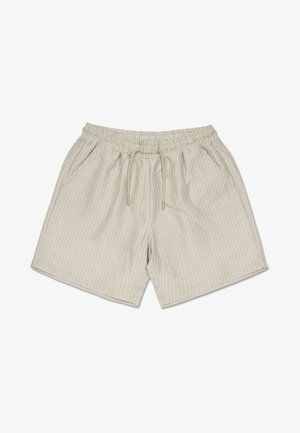 Pantaloni scurți bej cu dungi, confecționați dintr-un material ușor, având un brâu elastic cu șnur și buzunare laterale.