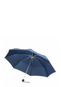 Compact vliegdeksel in marineblauw met een gebogen luifel, metalen frame en plastic handvat. Beschikt over acht ribben voor stabiliteit en een stijlvolle textuur.