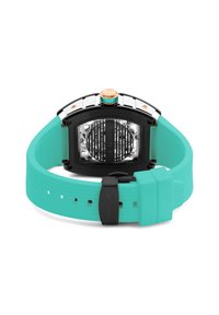 Orologio nero e argento con fondo trasparente, cinturino in silicone turchese e corona in oro e teal. Texture a costine sul cinturino.