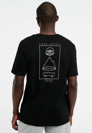 Schwarzes Baumwoll-T-Shirt mit einem weißen Grafikmuster aus Bergen, Wellen und einem Auge auf der Rückseite. Standard Crew-Neck und lockere Passform.