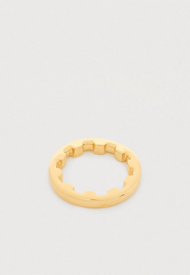 Zlatý prsten s hladkým vnějším povrchem a vnitřním páskem se rovnoměrně rozmístěnými zaoblenými obdélníkovými zářezy.