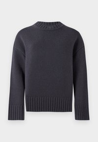 Marineblaue Strickjacke mit hohem Rippenkragen und breiten, gerippten Bündchen und Saum. Verfügt über einen lockeren Schnitt und strukturierter Stoff.