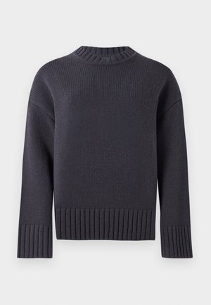 Marineblaue Strickjacke mit hohem Rippenkragen und breiten, gerippten Bündchen und Saum. Verfügt über einen lockeren Schnitt und strukturierter Stoff.