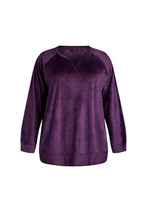 Purple fleece pullover with long raglan sleeves, round neckline, and cross-stitch detail at the front. Soft texture and relaxed fit.