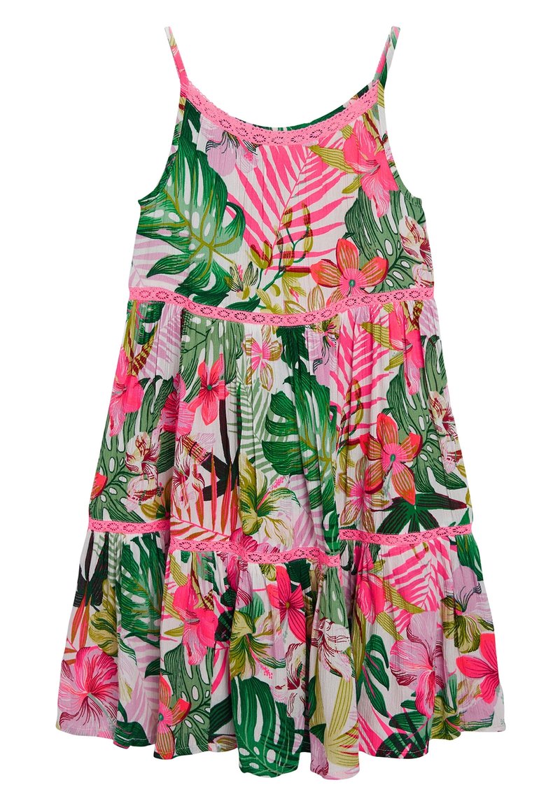 Robe fleurie avec des motifs roses, verts et blancs. Comprend des bretelles réglables, une bordure en dentelle et un design de jupe superposée. Tissu léger.