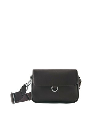 Black leather crossbody bag with a silver D-shaped clasp and adjustable dark fabric shoulder strap on a white background.