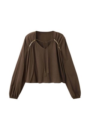 Brown long-sleeve blouse with loose fit, elastic cuffs, V-neck, tie string, and decorative gold sequins along the shoulder seams.