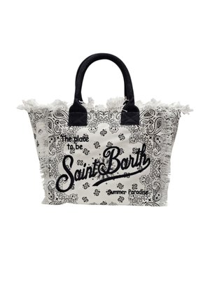 Borsa tote in tela bianca con motivo paisley nero, manici neri, bordi sfrangiati e testo "The place to be Saint Barth Summer Paradise".