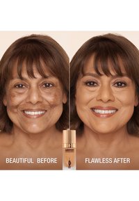 Airbrush-Grundierung in der Mitte zwischen zwei Porträts; links zeigt einen ungleichmäßigen Hautton, rechts einen glatten, ebenmäßigen Hautton mit einem warmen Finish.