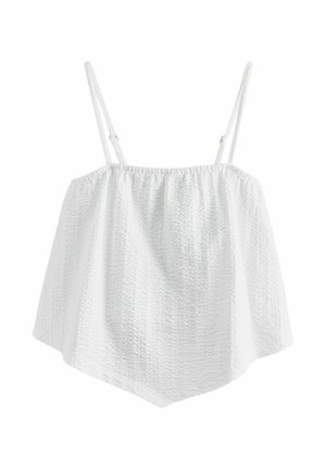 Biały, teksturowany crop top bez rękawów z regulowanymi cienkimi ramiączkami i asymetrycznym dołem.