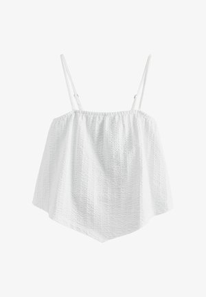 Crop top blanc texturé sans manches avec bretelles spaghetti réglables et ourlet en mouchoir.