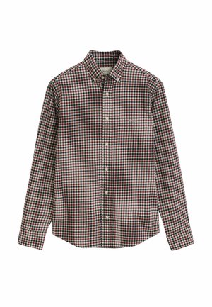 Kostkovaná košile v červených, zelených a bílých odstínech, dlouhé rukávy, zapínání na knoflíky, náprsní kapsa a měkký bavlněný materiál.