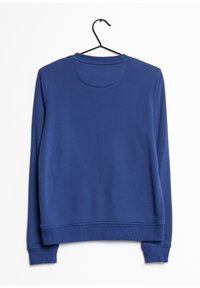 Sweat-shirt bleu à manches longues avec poignets et ourlet côtelés, texture lisse, encolure arrondie et un crochet pour suspendre. Vue arrière affichée.