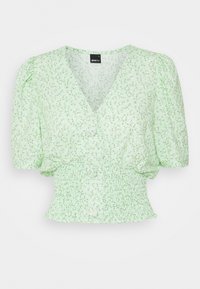 Blusa floreale verde con maniche corte a sbuffo, scollatura a V, chiusure con bottoni e vita arricciata. Tessuto morbido e leggero.
