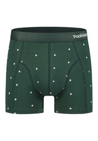 Zöld boxeralsó, puha anyagból készült, fehér virágmintával, szoros derékpánttal és formázott zsebkendővel.