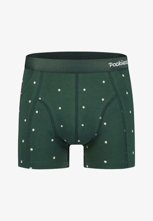 Zöld boxeralsó, puha anyagból készült, fehér virágmintával, szoros derékpánttal és formázott zsebkendővel.