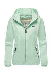 Licht muntgroene jas met capuchon, ritssluiting, twee zijzakken, elastische manchetten en een gladde, waterdichte afwerking.