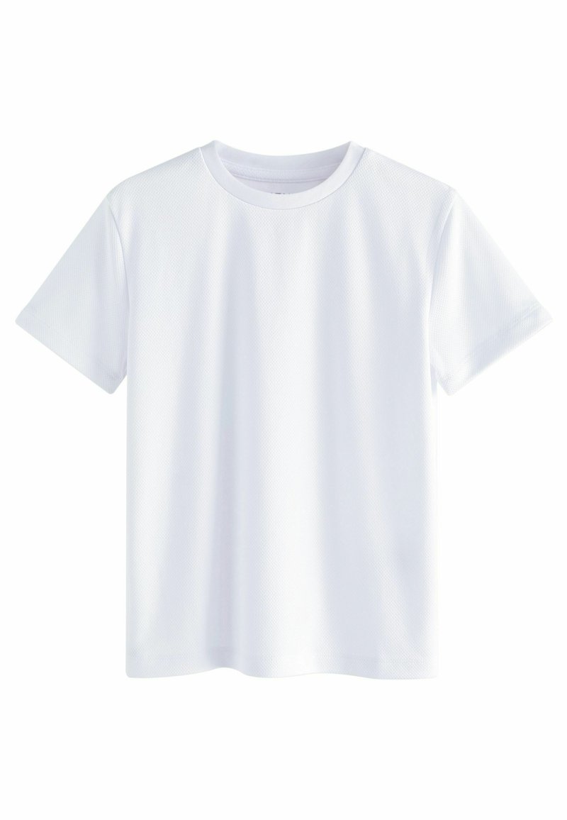 Witte T-shirt met korte mouwen van mesh stof. Kenmerken zijn een ronde hals en een gladde, uniforme oppervlakte zonder patronen of accenten.