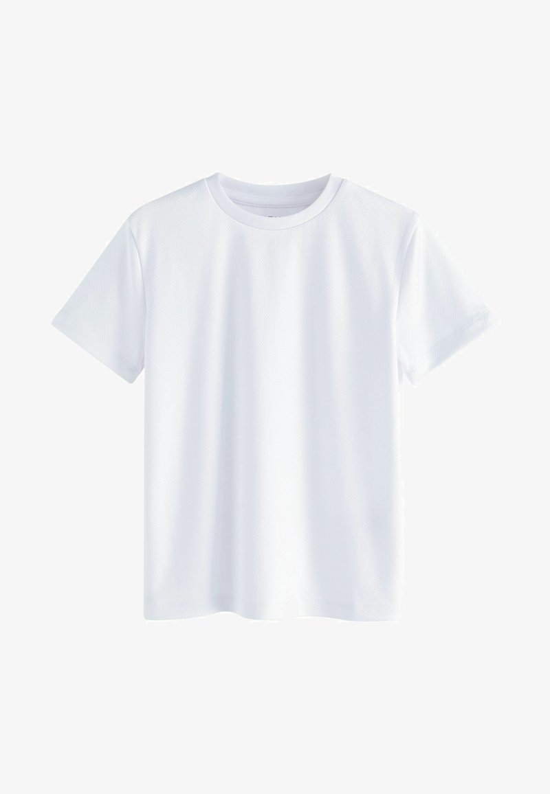 Bílý krátký rukáv T-shirt vyrobený z síťoviny. Má kulatý výstřih a hladký povrch bez vzorů nebo akcentů.