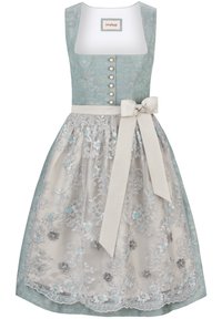 Traditionelles Kleid mit einem hellblauen gemusterten Oberteil, Perlmuttknöpfen und einem beigen bestickten Rock, abgerundet mit einer passenden Schleife in der Taille.