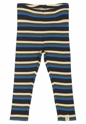 Leggings côtelés avec des rayures horizontales en bleu, vert, marron et crème. Dotés d'une taille confortable et d'une petite étiquette au bas.