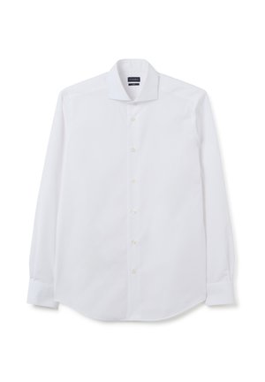 White long-sleeve dress shirt made of cotton, with a classic collar and button front, featuring a smooth texture and rounded hem.