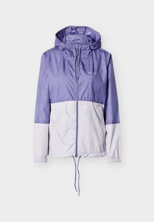 Hellviolette und weiße winddichte Kapuzenjacke mit Frontreißverschluss, elastischen Bündchen und verstellbarem Kordelzug am Saum.