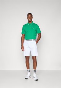 Cămașă polo verde cu detalii albe, asortată cu pantaloni scurți albi. Accesoriile includ un brâu gri și pantofi albi cu accente negre și ciorapi în dungi.