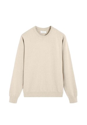 Jersey beige de cuello redondo con mangas largas y puños y bajo acanalados, mostrado sobre un fondo blanco.
