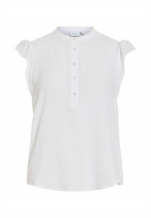 Blusa blanca sin mangas con cuello mandarín, tapeta de botones y pequeñas mangas farol con volantes.