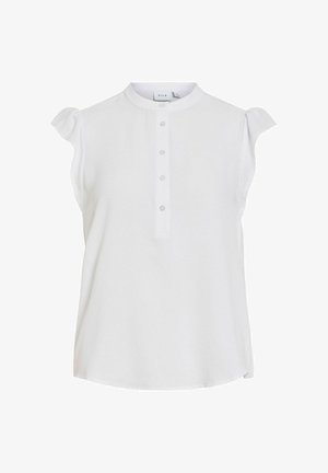Blusa blanca sin mangas con cuello mandarín, tapeta de botones y pequeñas mangas farol con volantes.