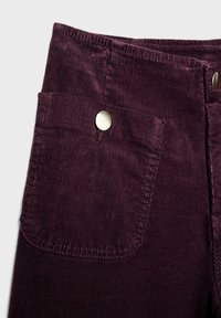 Spodnie sztruksowe w głębokim fioletowym kolorze o falistej fakturze, posiadające dwie przednie kieszenie z srebrnymi guzikami, zaprojektowane z wysokim stanem i prostym krojem.