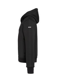 Haut zippé noir avec une capuche spacieuse, des poignets côtelés, une poche zippée sur le côté et un tissu lisse et texturé. Écusson avec logo sur la poitrine gauche.