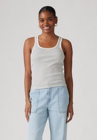 Top con righe in grigio chiaro con strisce grigio scuro, dotato di scollatura ampia, spalline larghe e tessuto a costine. Abbinato a pantaloni blu chiaro.