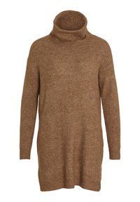 Maglione a dolce vita marrone realizzato in un tessuto a maglia testurizzato, caratterizzato da una vestibilità comoda con maniche lunghe e un colletto alto e ripiegato.