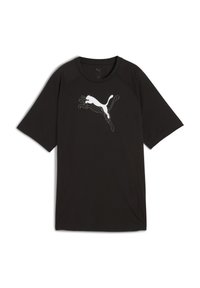 Sort atletisk t-shirt med korte raglanærmer, der har et hvidt abstrakt Puma-logo på fronten. Fremstillet af glat polyesterblandingsstof.