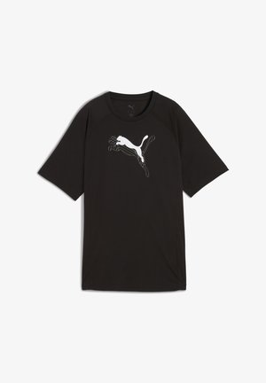 Camiseta atlética negra con mangas raglán cortas, que presenta un logotipo abstracto de Puma en blanco en el frente. Fabricada con una suave mezcla de poliéster.
