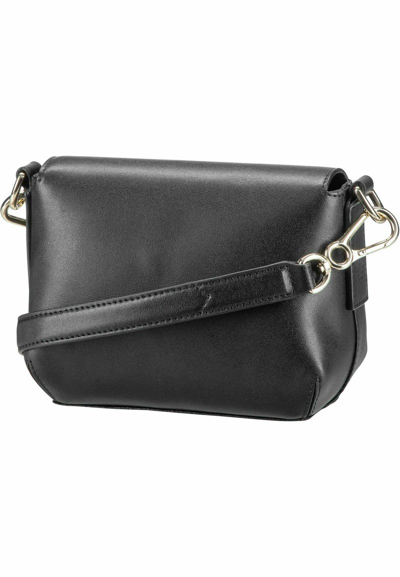 Borsa a tracolla nera in pelle con forma rettangolare, angoli arrotondati, hardware in tonalità oro e tracolla regolabile. Texture liscia, design minimalista.