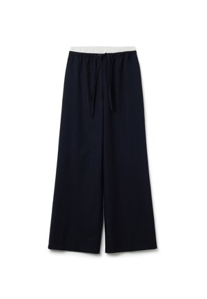 Marineblaue weite Hosen mit einem Nadelstreifenmuster, elastischem Bund, Kordelzug, weichem Stoff und einer lässigen Silhouette.