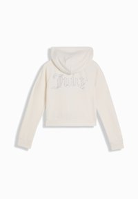 Hoodie corto in crema realizzato in materiale morbido, con cappuccio e logo "Juicy" con strass sul retro.
